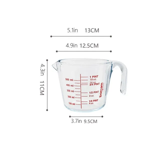 Glass measuring cup with features and handle, 500 ml - resistant to high temperatures, large capacity, ideal for baking and microwave