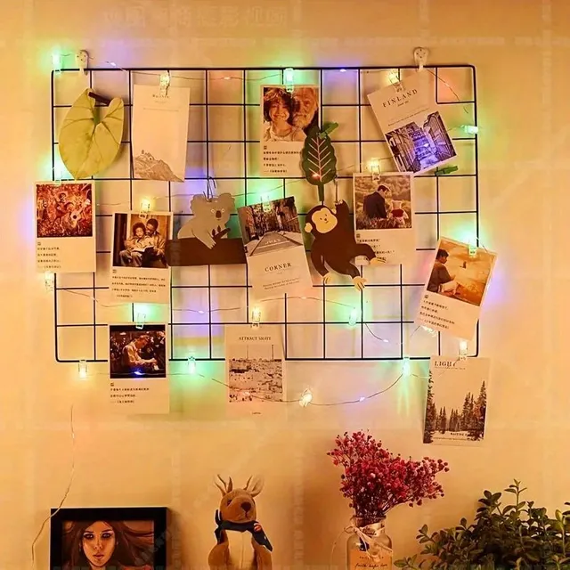 Light chain with clips for photos - 100 LEDs, 40 wooden clips, photos, parties, Christmas and Halloween decorations