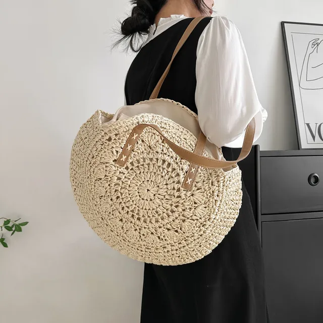 Straw knit casual bag - round shape with double ear, literary beach bag