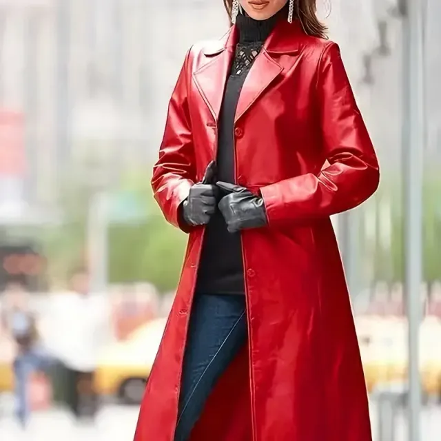 Women's long leatherette coat in red with long sleeves