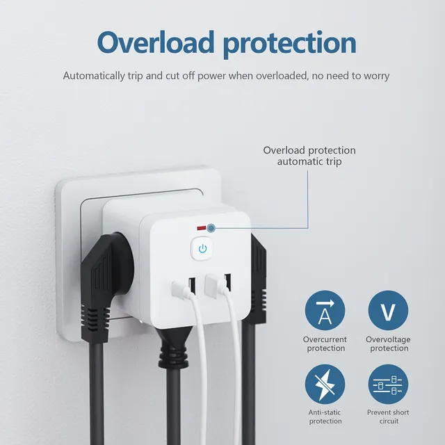 7v1 EU Power bar with overvoltage protection, 3x socket + 3x USB + 1x USB-C, charging station with overload protection