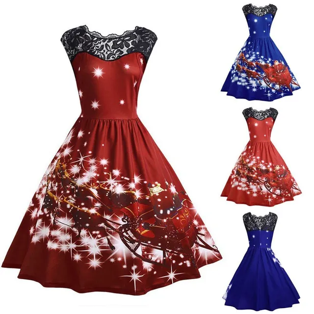 Nádherné dámské áčkové šaty s krajkou na dekoltu - motiv Vánoc
