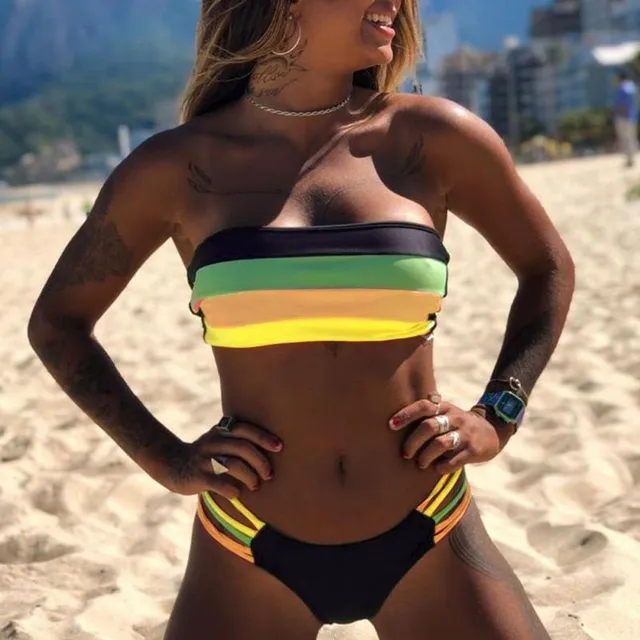 Women's two-piece swimsuit with colourful stripes