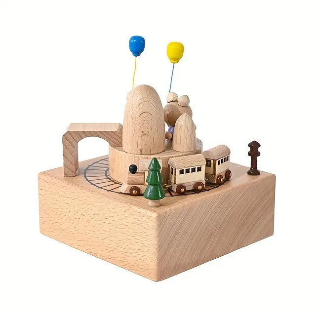 Wooden music box with rotating bears and train