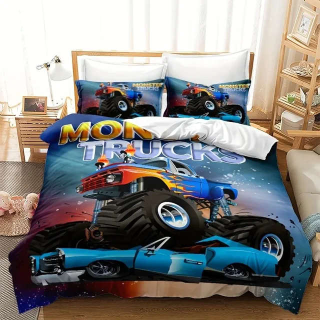 Cover for duvet and pillows with printing of cars and trucks, soft polyester - set 2 pcs