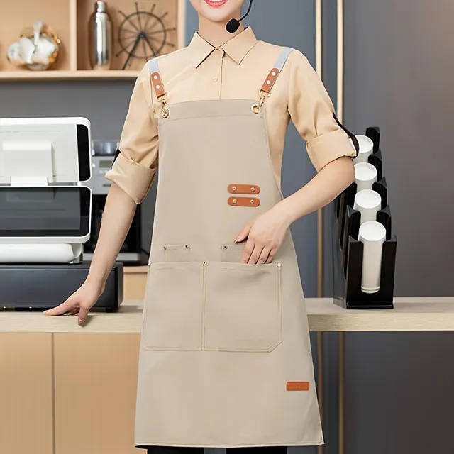 Waterproof and oil-repellent apron, unisex, with practical pockets