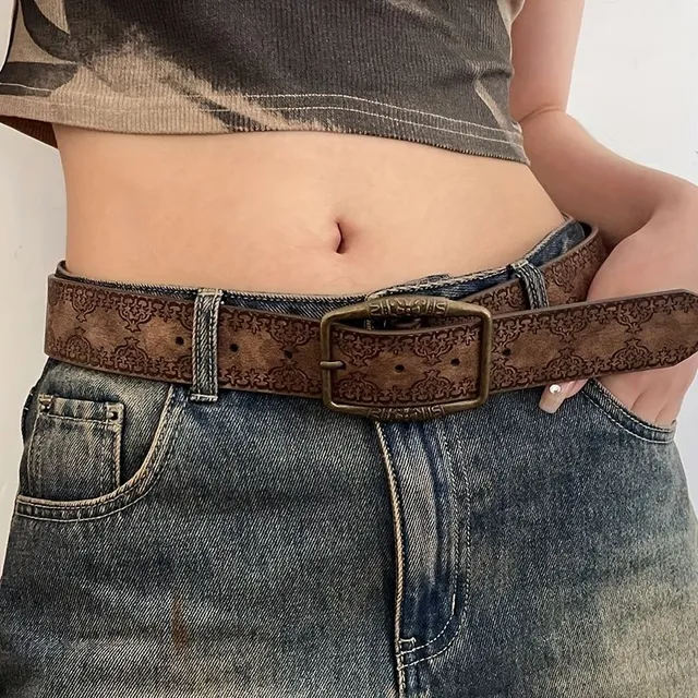 God's brown strips with floral relief and classical buckle for everyday wearing to jeans and pants