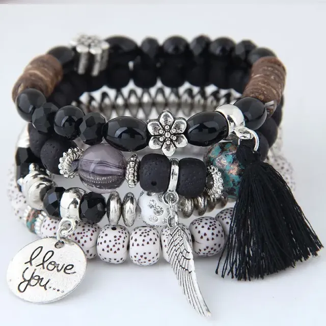 Czech multi-part boho bracelets with charms, beads and tassels for women