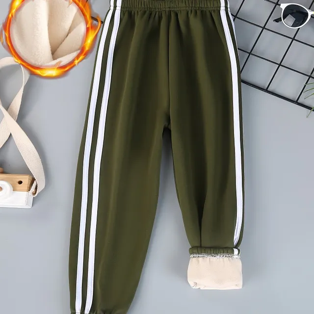 Boys sweatpants for spring and autumn with soft fleece, stripes on the sides and a comfortable cut - ideal for outdoor activities.