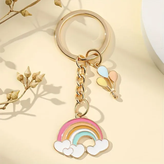 Two metal keychain pendants with rainbow cloud and color balloon