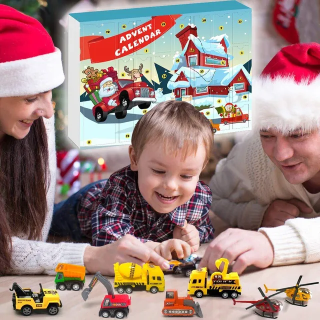 Karácsonyi adventi naptár különböző autókkal a szőnyegen az úton