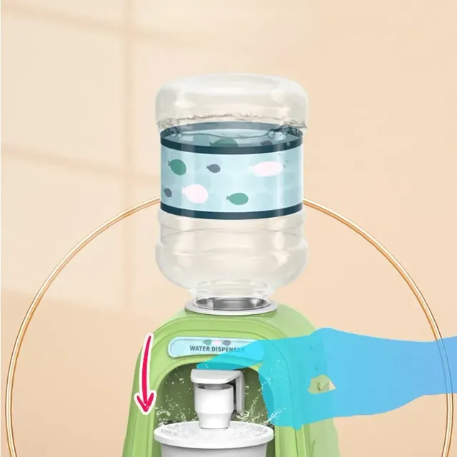 Mini water dispenser for children with cute motif for simulation of cold/hot water