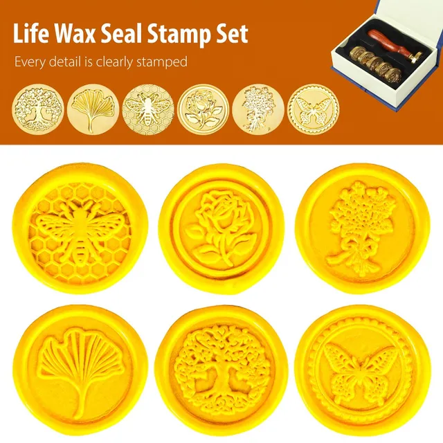 Set of wax stamps with 6 replaceable heads, vintage wooden handle and gift box (life series).