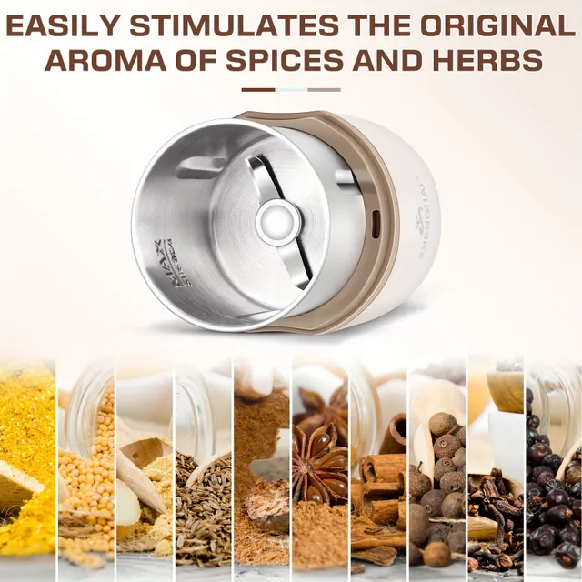 Electric spice grinder, herbs and coffee - 120g, easy control, quick grinding - grain coffee, nuts, spices, herbs, dried flowers. With cleaning brush