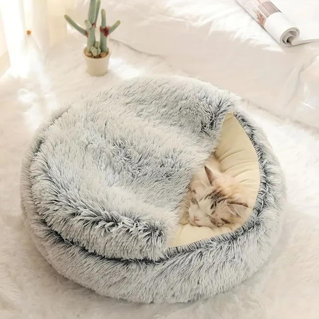 Soft donut-shaped teddy bed with hood for small dogs and cats