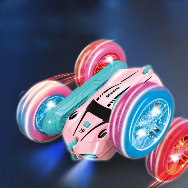 Remotely controlled stunt car with illuminated wheels, swing arm, double-sided roll and transformer 2.4 Ghz