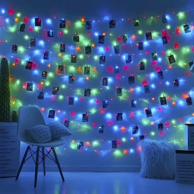 Light chain with clips for photos - 100 LEDs, 40 wooden clips, photos, parties, Christmas and Halloween decorations