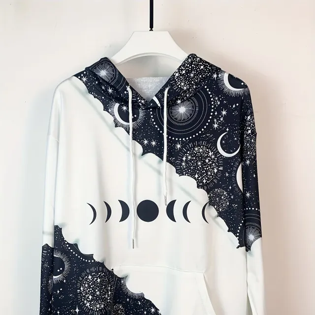 Women's hoodie with hood, colourful moon and stars print, drawstring