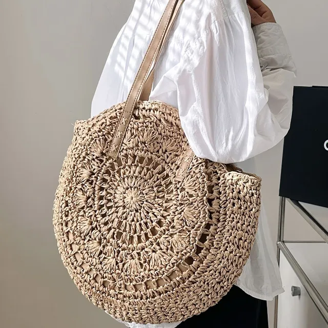 Straw knit casual bag - round shape with double ear, literary beach bag