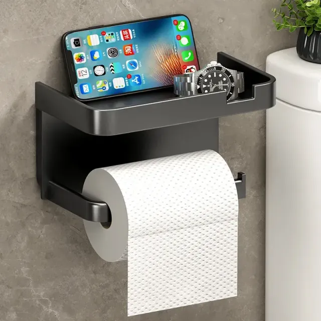 Suport de perete pentru hârtie igienică cu spațiu de depozitare și suport pentru telefon