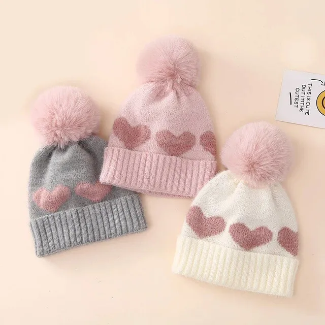 Cappello invernale per neonati con pompon di pelliccia e stampa di cuori - cappello rosa lavorato a maglia per neonati, bambini e bambine