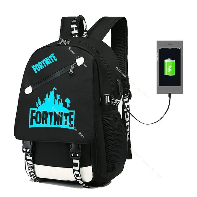 Rucsac școlar cu intrare USB și căști cu imprimeu Fortnite