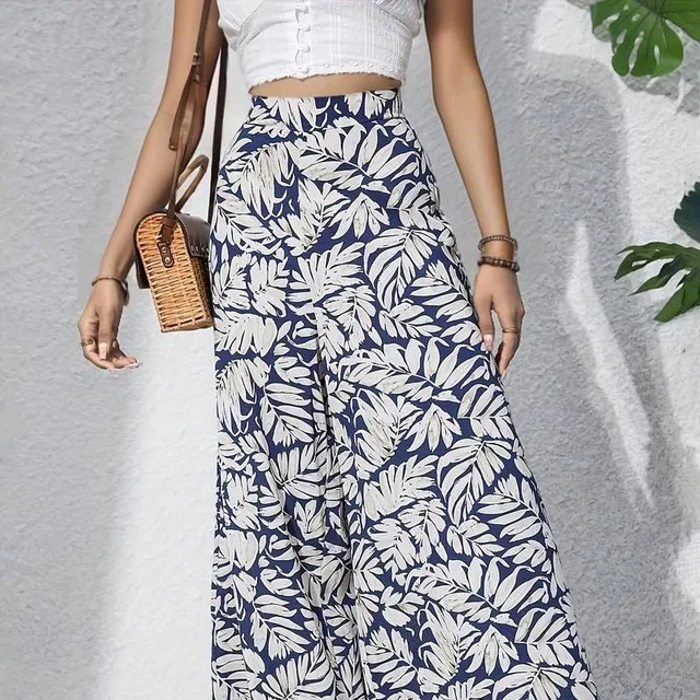 Boho Pants with Flower Pattern - Elastic Pas, Wide Nohavice, Summer