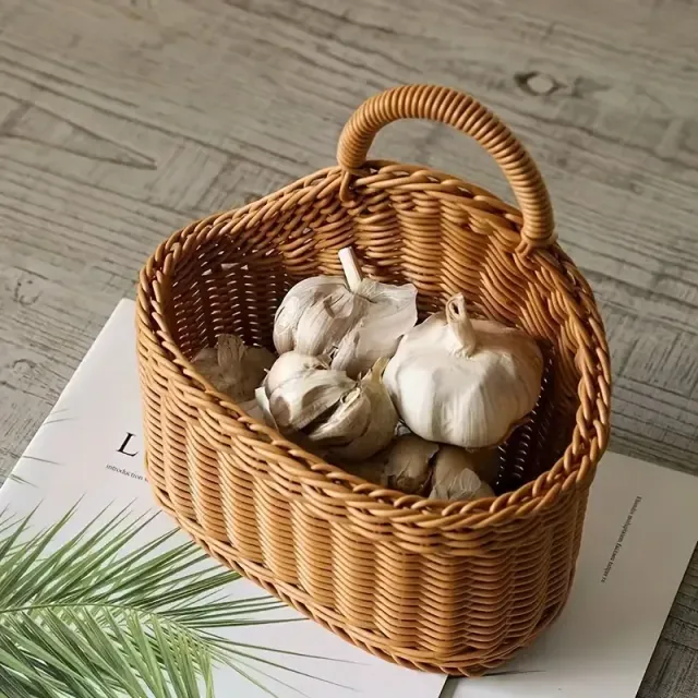 Basket with flowers from synthetic rattan in Scandinavian style