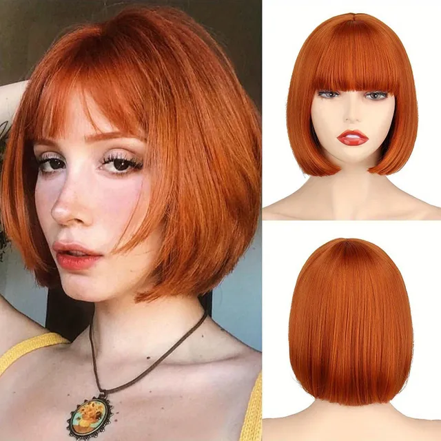 Women's wig: White, short straight bob with bang, natural synthetic fiber, for everyday wear - Hair extension and replacement