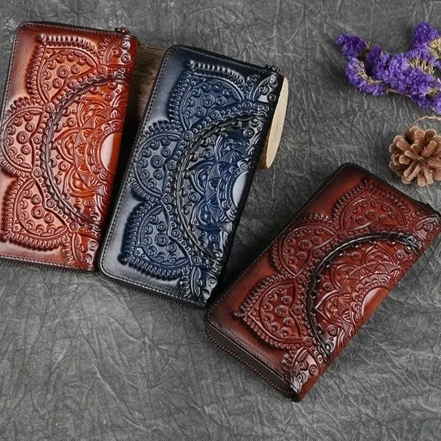Mandala Ručně vyrobená embosovaná peněženka z pravé kůže