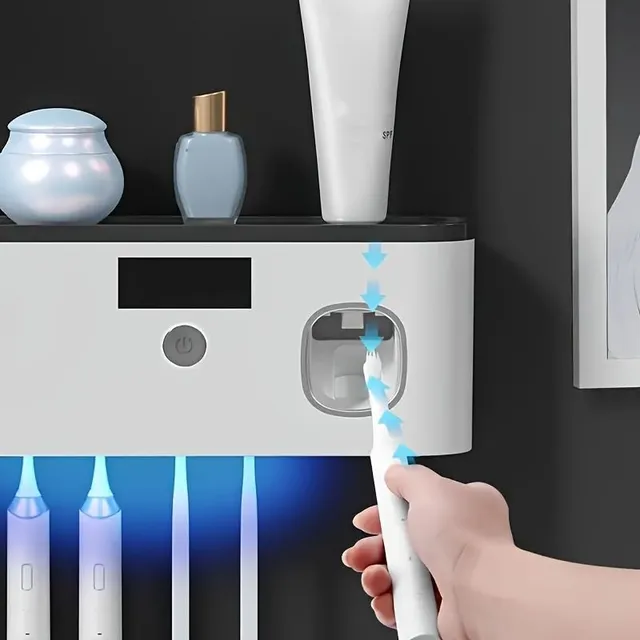 Multifunction stand for toothbrushes with UV disinfectant and dispenser