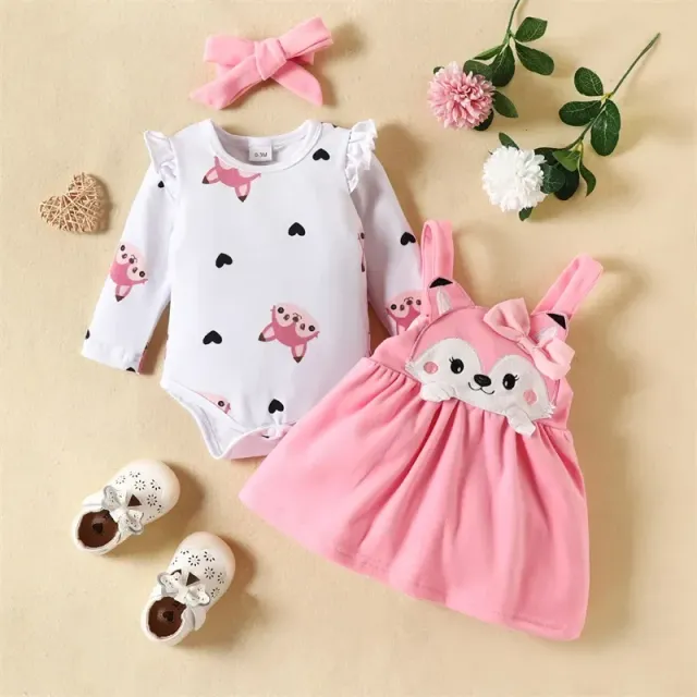 Children's Autumn Clothes Cute Animal Pattern Long Sleeves Rompers and Skirts With Headband Autumn Outfits