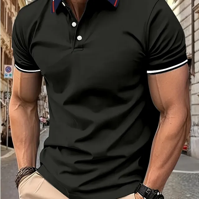 Men's golf polo shirt with short sleeve for leisure - breathable with contrasting lining