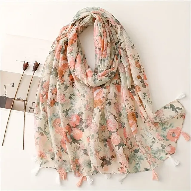 Light summer scarf with fringes and floral pattern