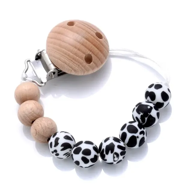 Wooden pacifier clip with silicone bite and round beads