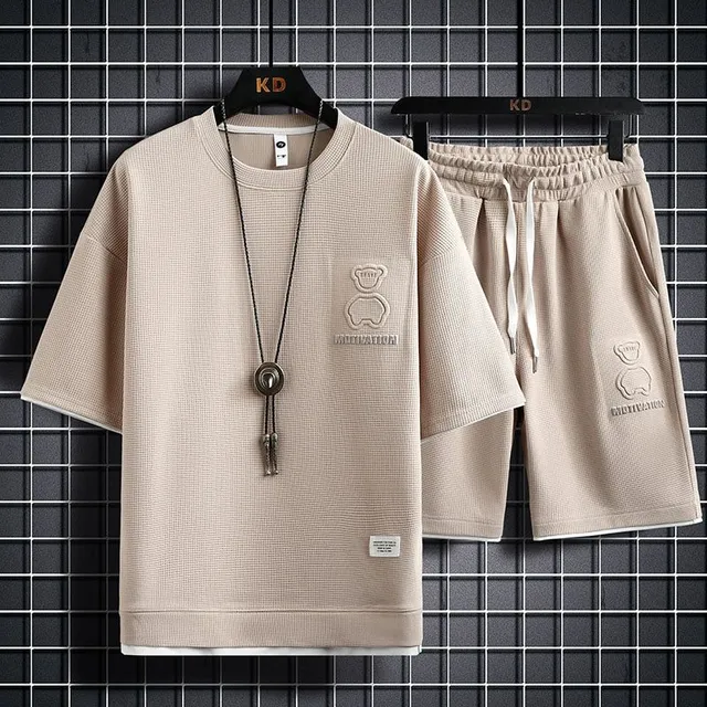 Pánska štýlová jednofarebná súprava moderného letného oblečenia - šortky a tričko s krátkym rukávom