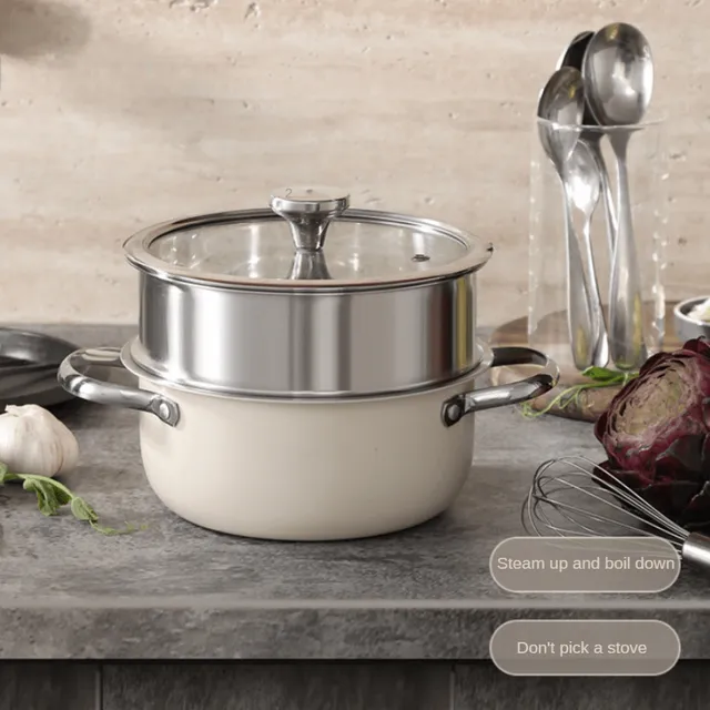 Stainless steel steam pot with soup pot, thick hollow heat resistant handle and lid - Korean style