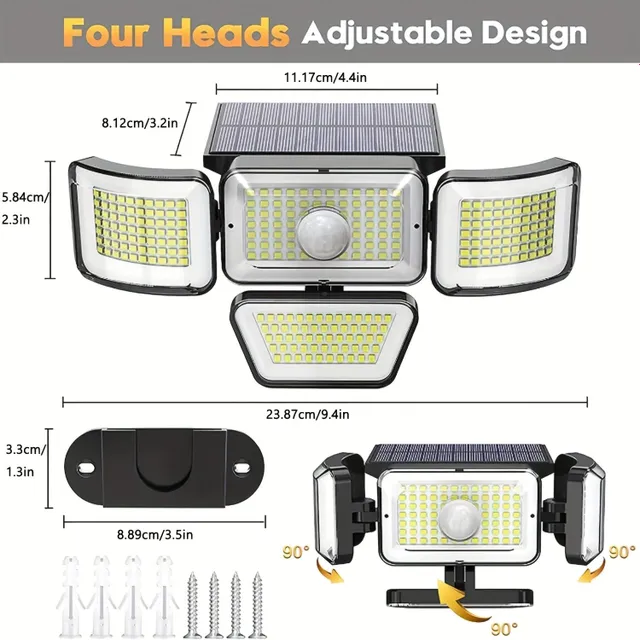 Outdoor solar light with motion detector, 278 LED, 3000 lm, 6500 K, 4 heads, IP65 waterproof, 300° wide angle with 3 modes