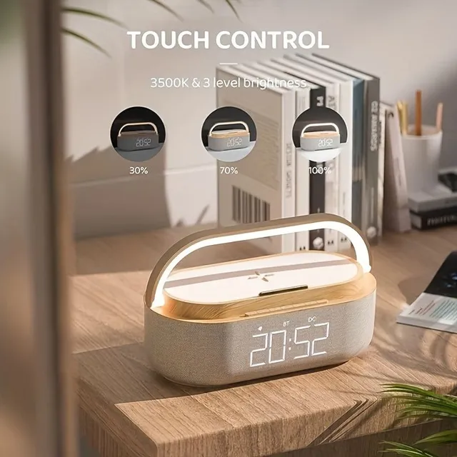 Radio alarm clock with USB charging, Bluetooth speaker, Qi wireless charging, dual alarm and dimmable LED display