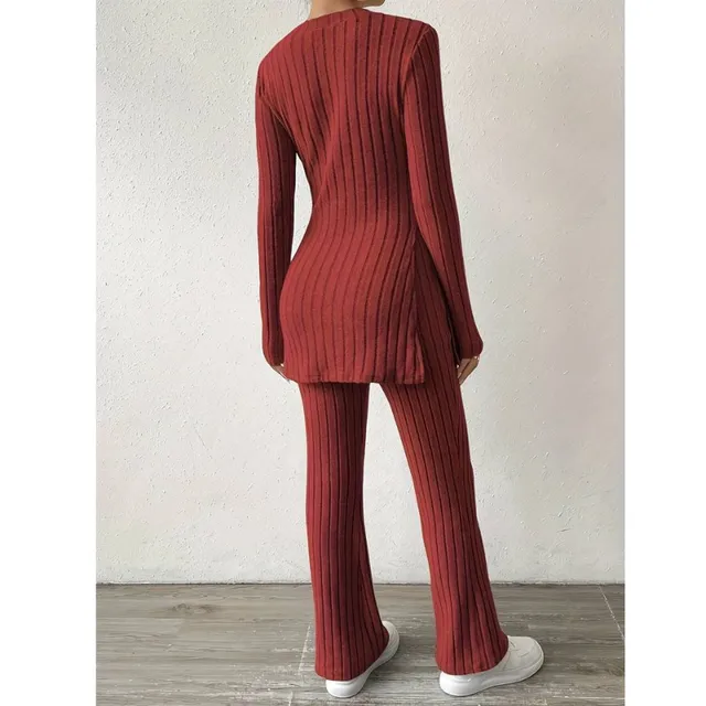 Ladies' two-piece set in ribbed knit - long sleeves, slit, bell bottoms