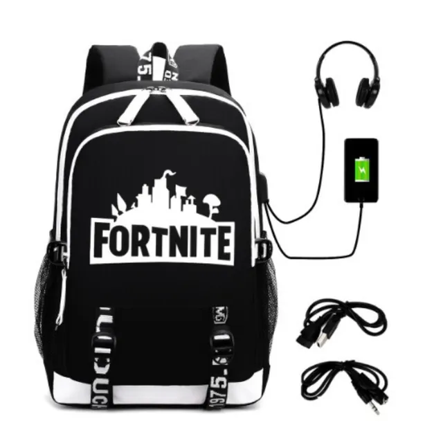 Rucsac școlar cu intrare USB și căști cu imprimeu Fortnite