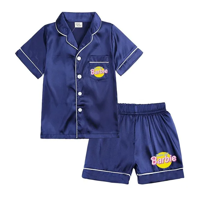 Girl modern two-piece pajamas made of shiny material with Barbie motif