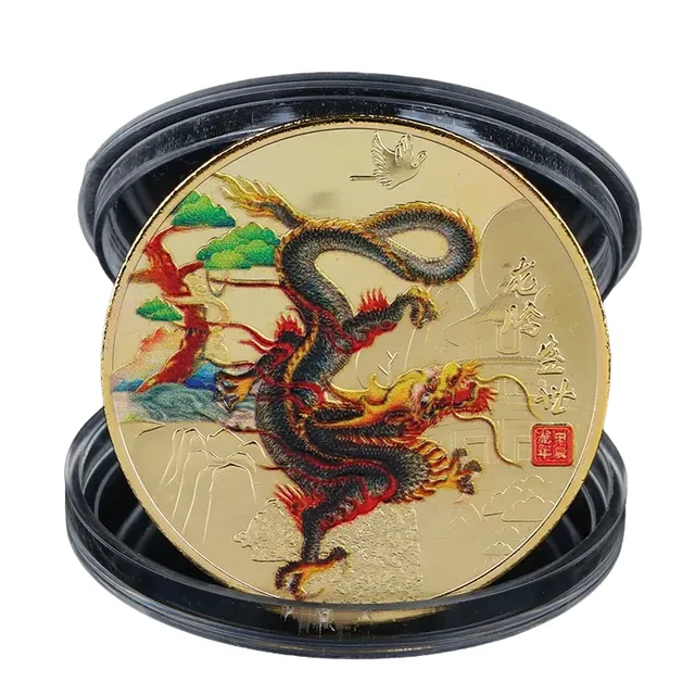 Pièce commémorative avec dragon chinois 4 cm - Pièce de collection avec dragon du zodiaque chinois - Pièce chinoise peinte et dorée avec dragon - Pièce métallique pour l'année du Dragon dans un étui transparent