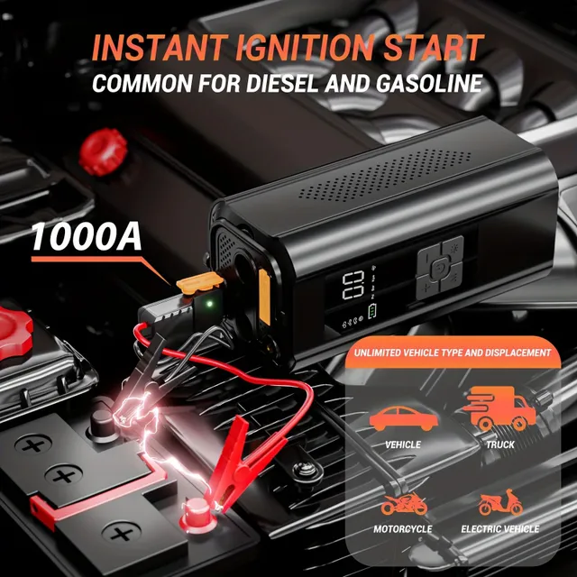 Universal 10000mAh car battery with wireless compressor and powerbank - for cars up to 12 V