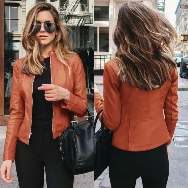 Women's elegant leather jacket to the waist khaki s