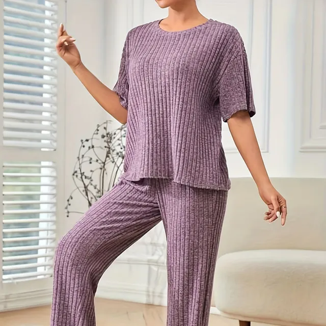 Women's two-piece set, single-colour ribbed knit, short sleeves, round neckline and trousers with hem