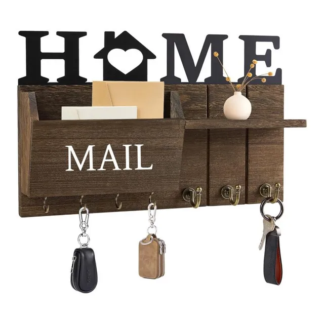 Wall mounted mail organiser with hooks