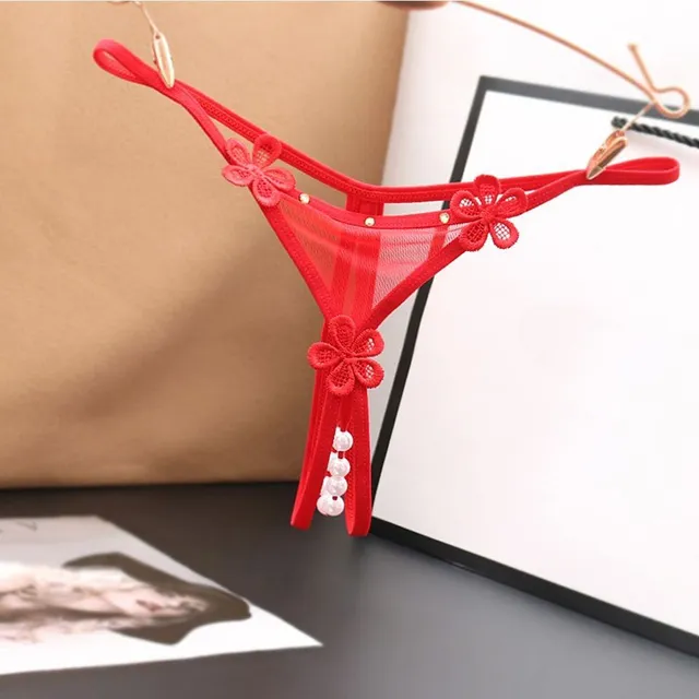 Women's massage thong decorated with lace flowers red-B