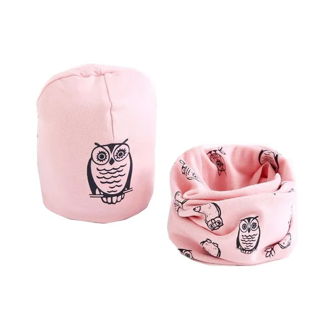 Baby cute set - cap + neck warmer with owl print