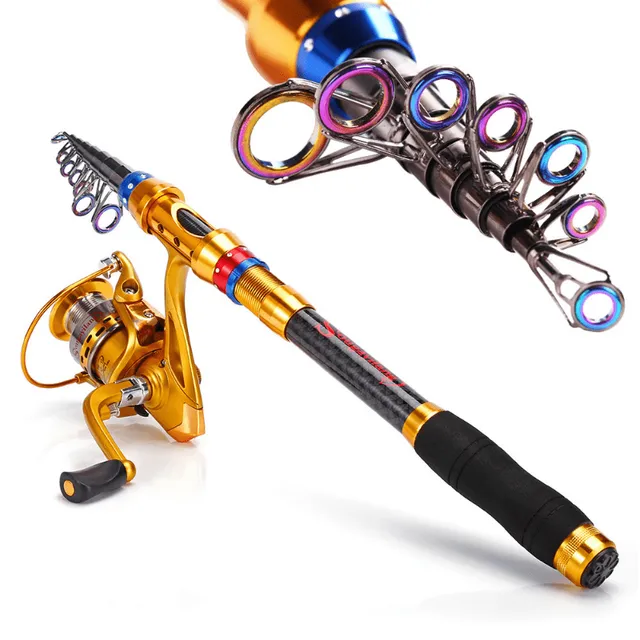 Telescopic fishing rod made of carbon with spinning winch, travel set of rods and reels for freshwater and sea water, fishing set